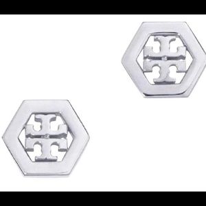 NWT Tory Burch Hex Logo Stud Earrings Silver